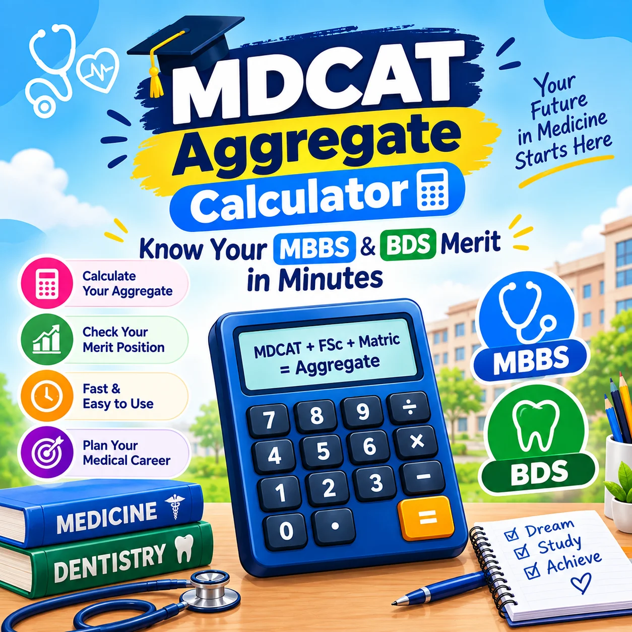 NUST Aggregate Calculator for checking admission merit with calculator and student icons.