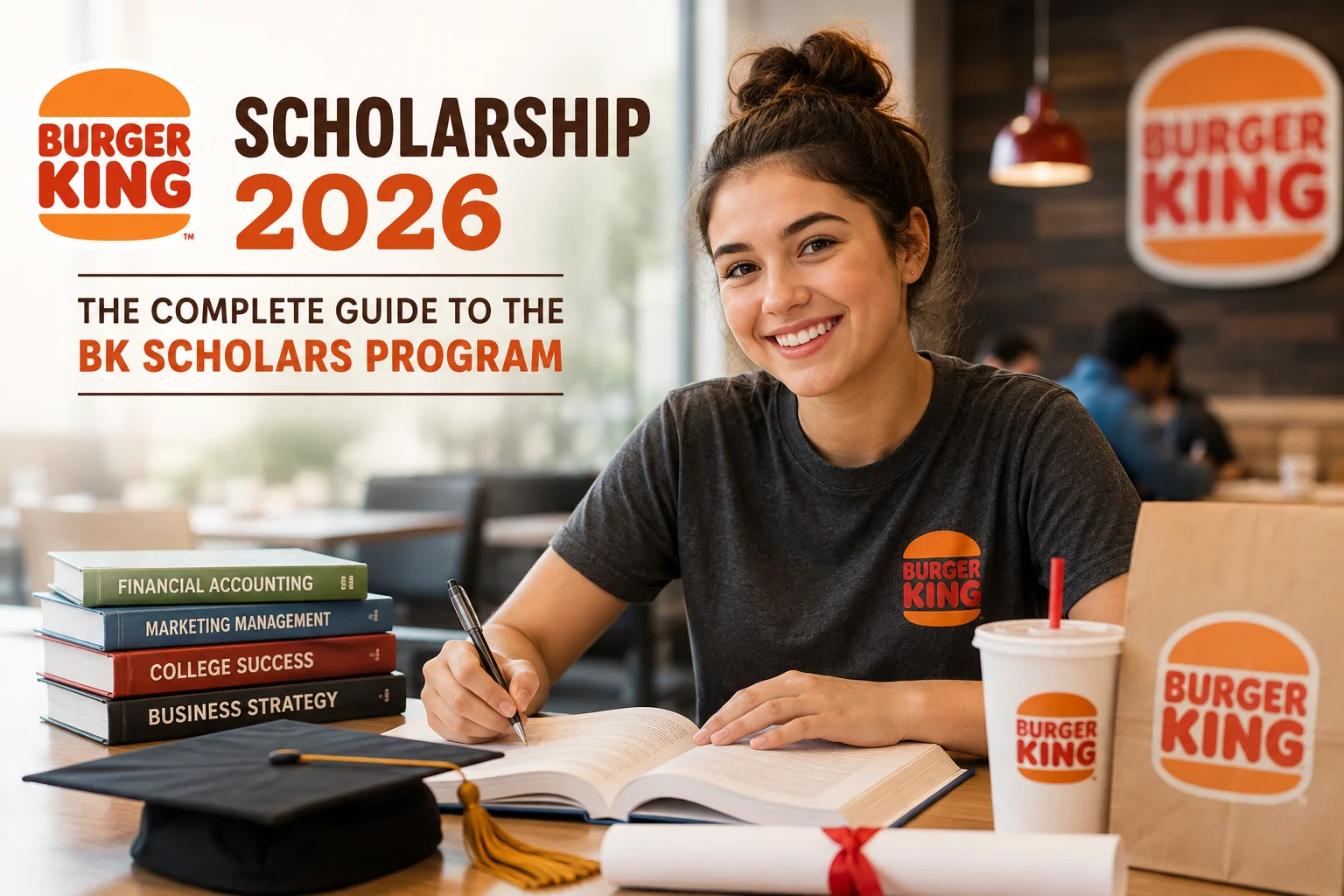 A young woman in a black shirt sitting at a desk with a laptop, smiling next to a Burger King Scholarship 2026 promo graphic.