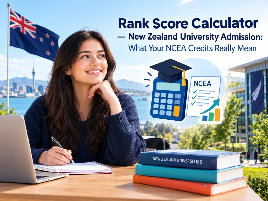 rank-score-calculator-new-zealand Rank score calculator New Zealand overview showing NCEA Level 3 credit requirements and university admission points.