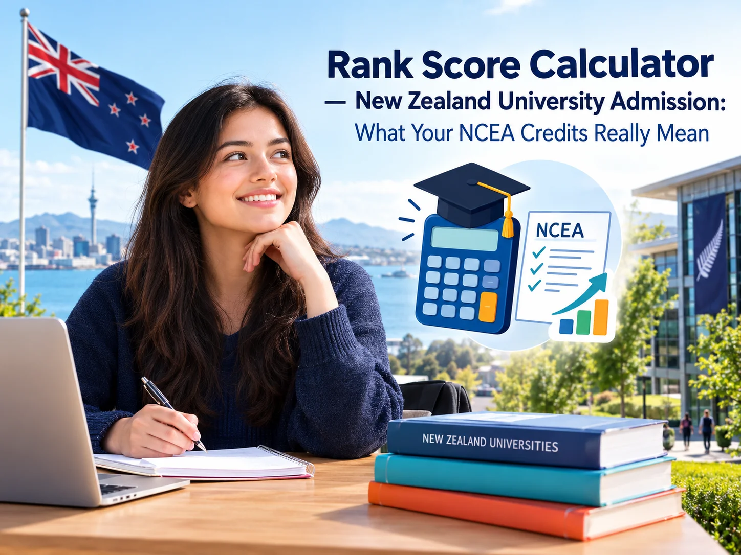 Rank score calculator New Zealand overview showing NCEA Level 3 credit requirements and university admission points.